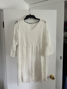 White Lace V-Notch Mini Dress - Feminine Floral Lace